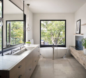 Lake Minnetonka bathroom tub two sinks spacious bright fire place