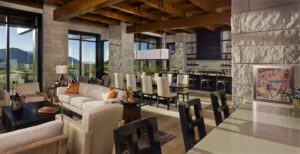 Timber Gulch dining room living room spacious open space wood beams glass walls