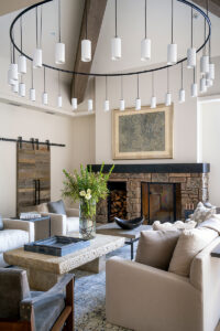 Bald mountain living room fire place open space light bright light fixture
