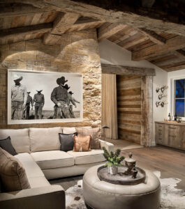 East fork den wood beams stone wall cozy