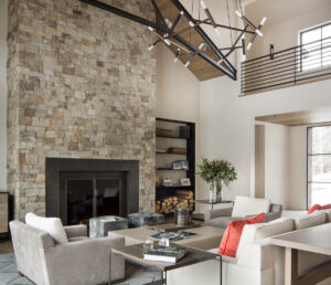 Warm spring living room stone fire place light fixture