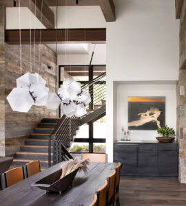 Lake Minnetonka dining room light fixtures wood beams
